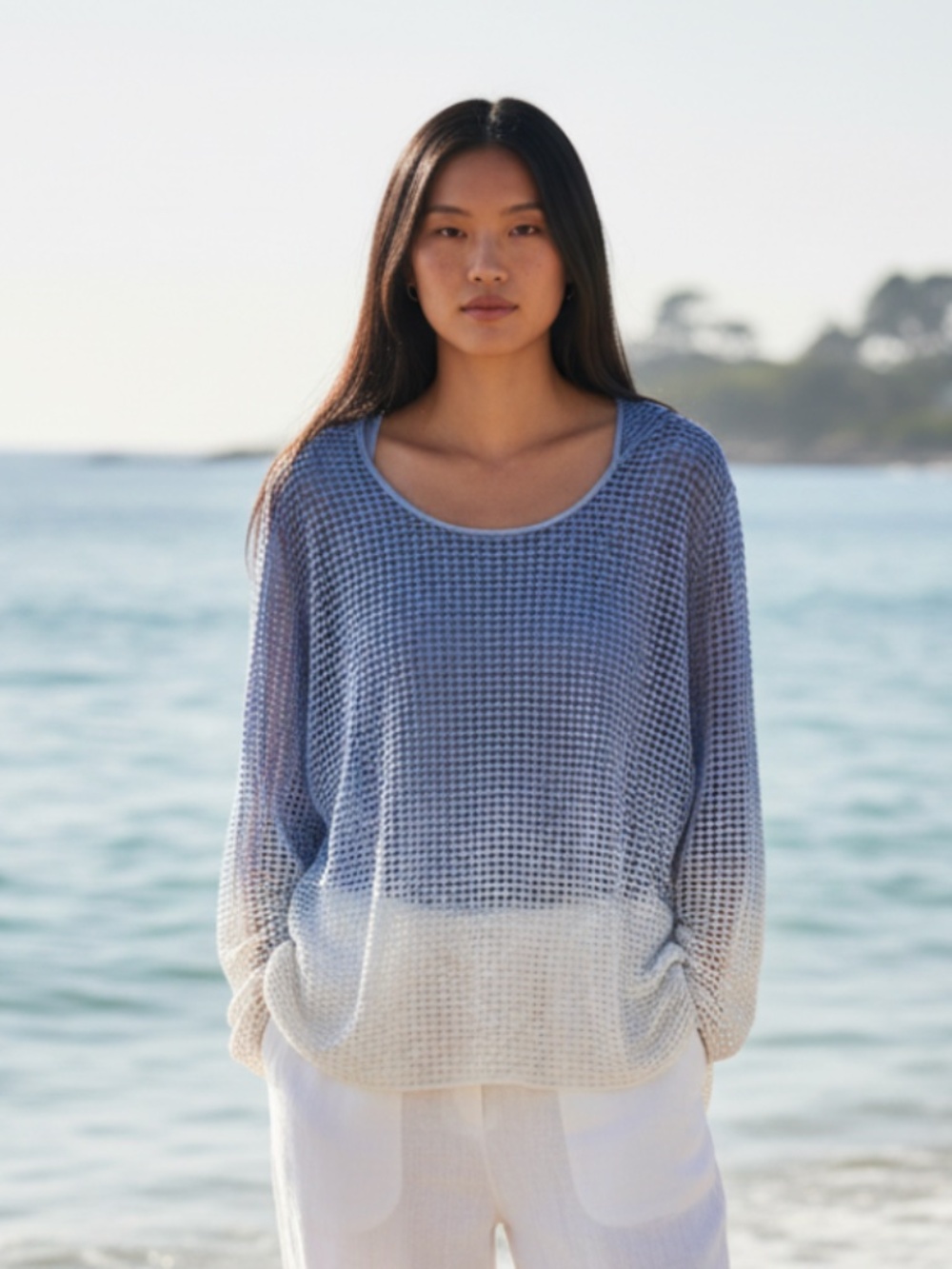Maurices Hoodie Tunic Shirt 3 3X 22 24 Ombre Blue White Coastal Eyelet Sheer